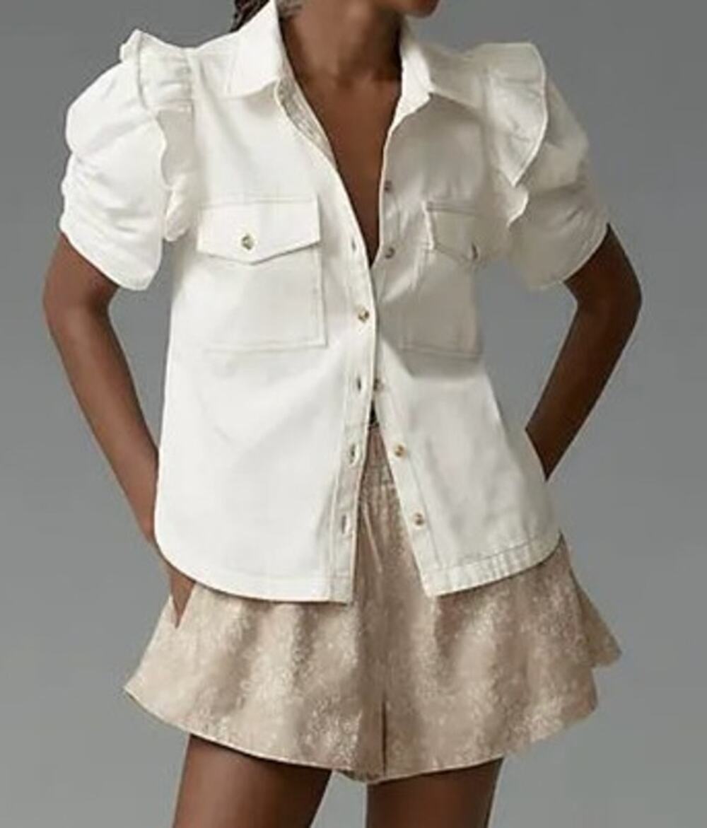 Pilcro Ozzie Ruffle Sleeve Button Down White Denim Shirt, Size L MSRP $98